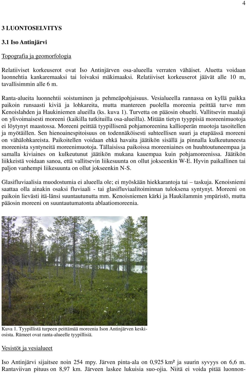 Vesialueella rannassa on kyllä paikka paikoin runsaasti kiviä ja lohkareita, mutta mantereen puolella moreenia peittää turve mm Kenoislahden ja Haukiniemen alueilla (ks. kuva 1).