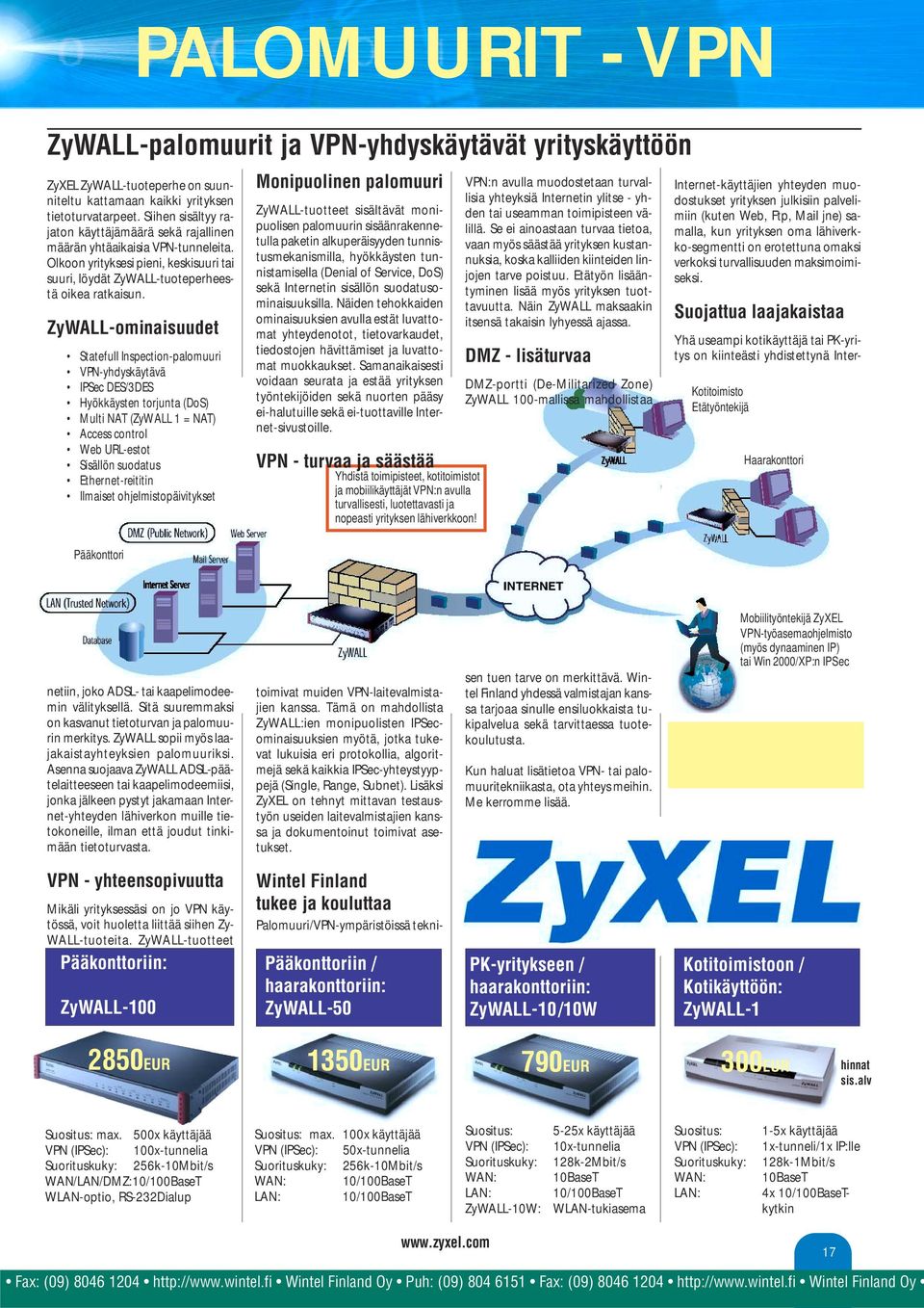 ZyWALL-ominaisuudet Statefull Inspection-palomuuri VPN-yhdyskäytävä IPSec DES/3DES Hyökkäysten torjunta (DoS) Multi NAT (ZyWALL 1 = NAT) Access control Web URL-estot Sisällön suodatus