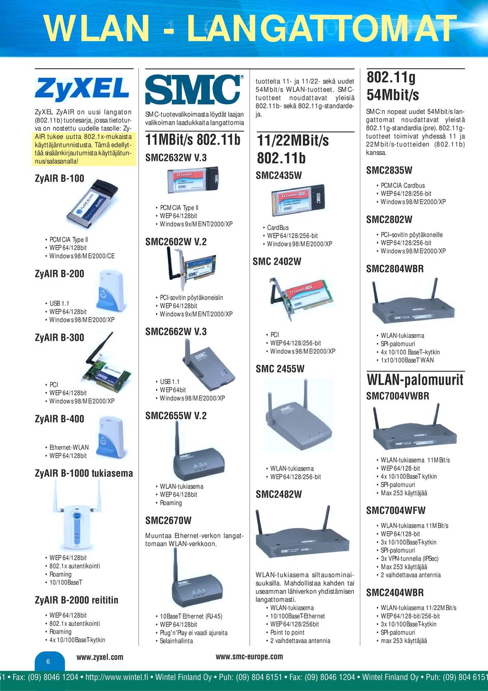 ZyAIR B-100 PCMCIA Type II WEP 64/128bit Windows 98/ME/2000/CE ZyAIR B-200 SMC-tuotevalikoimasta löydät laajan valikoiman laadukkaita langattomia 11MBit/s 802.11b SMC2632W V.