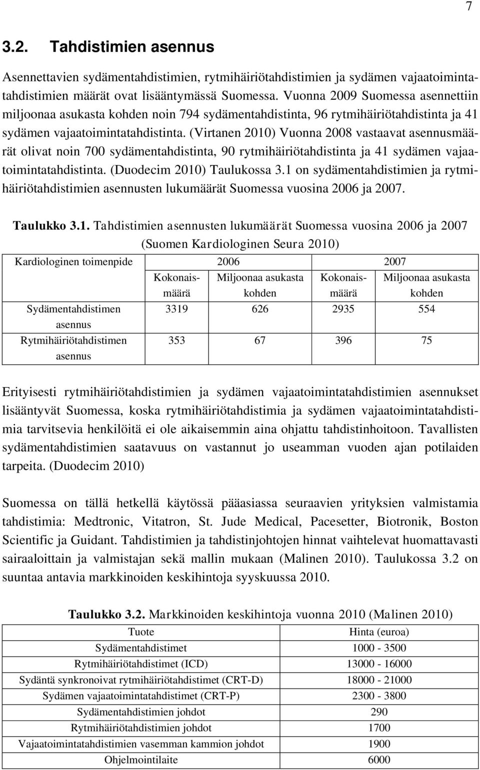 (Virtanen 2010) Vuonna 2008 vastaavat asennusmäärät olivat noin 700 sydämentahdistinta, 90 rytmihäiriötahdistinta ja 41 sydämen vajaatoimintatahdistinta. (Duodecim 2010) Taulukossa 3.