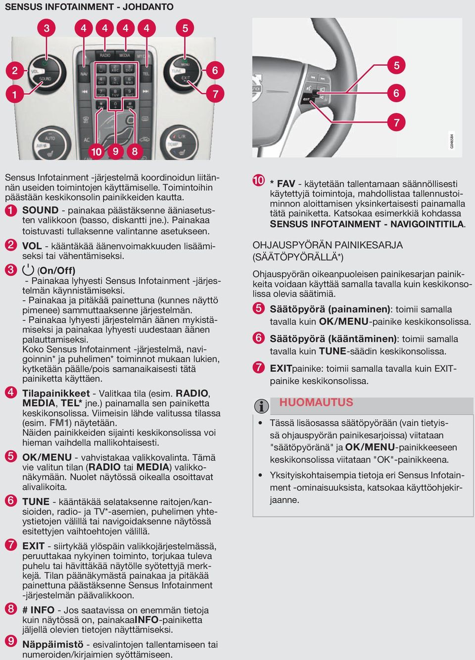 2 VOL - kääntäkää äänenvoimakkuuden lisäämiseksi tai vähentämiseksi. 3 (On/Off) - Painakaa lyhyesti Sensus Infotainment -järjestelmän käynnistämiseksi.
