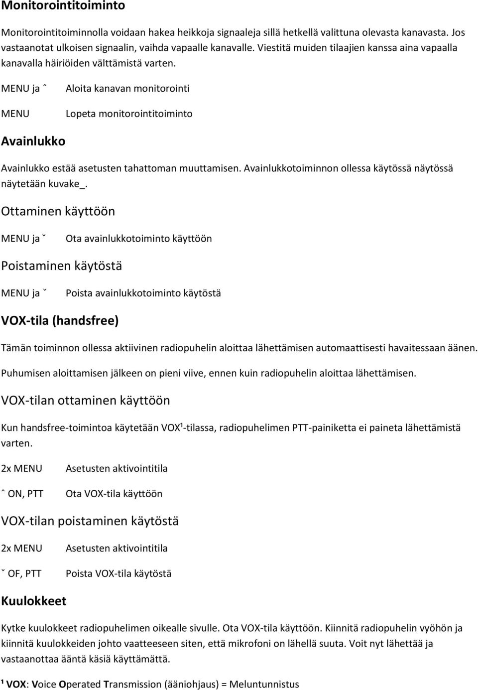 MENU ja ˆ MENU Aloita kanavan monitorointi Lopeta monitorointitoiminto Avainlukko Avainlukko estää asetusten tahattoman muuttamisen. Avainlukkotoiminnon ollessa käytössä näytössä näytetään kuvake_.