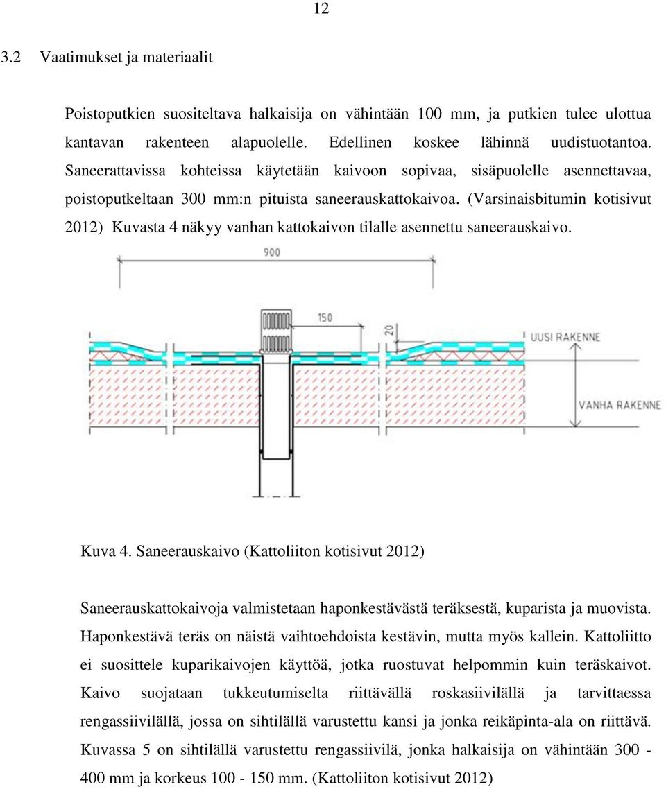 (Varsinaisbitumin kotisivut 2012) Kuvasta 4 näkyy vanhan kattokaivon tilalle asennettu saneerauskaivo. Kuva 4.