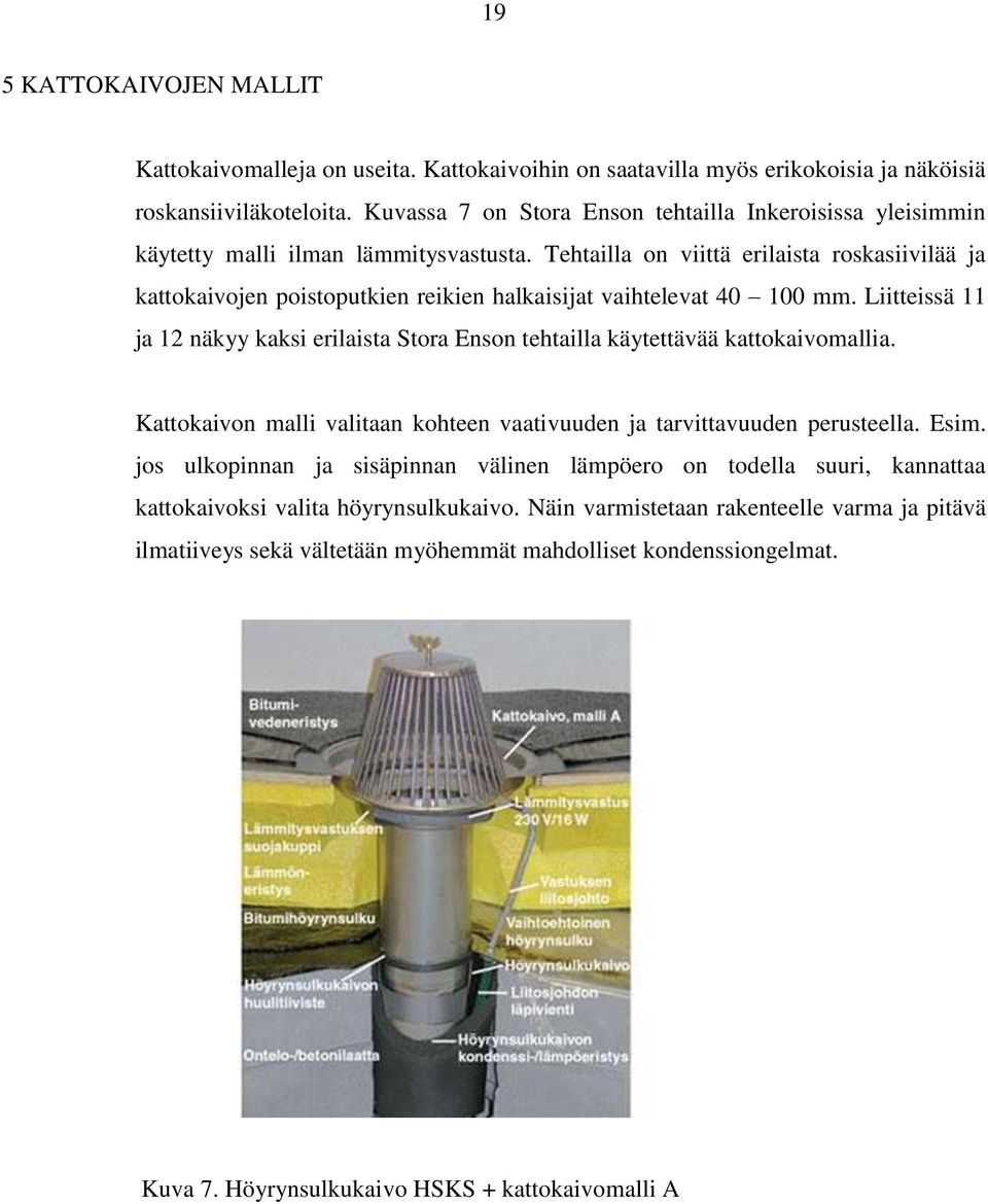 Tehtailla on viittä erilaista roskasiivilää ja kattokaivojen poistoputkien reikien halkaisijat vaihtelevat 40 100 mm.