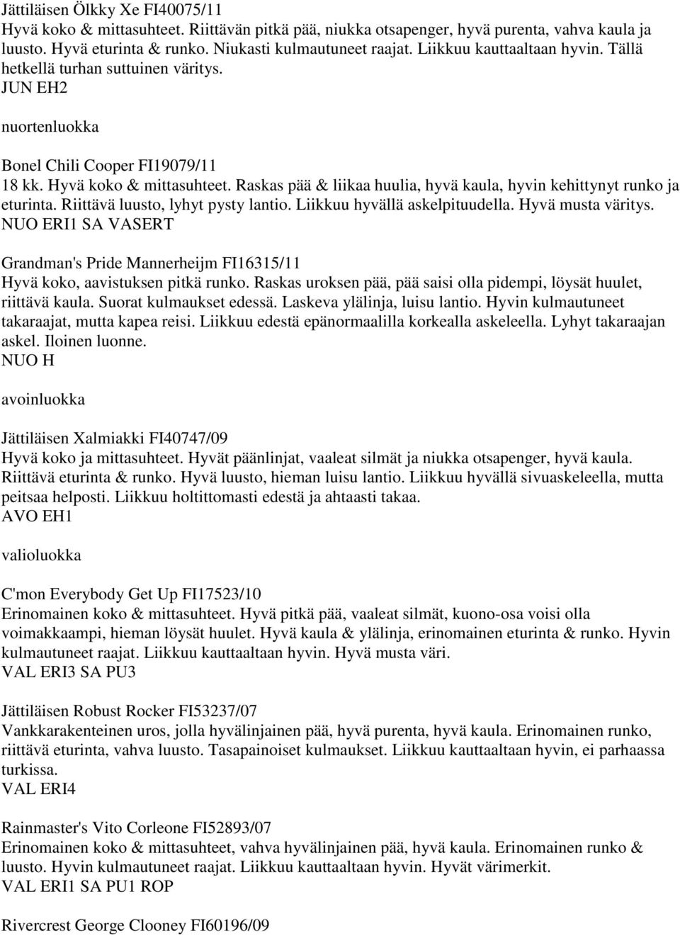 Raskas pää & liikaa huulia, hyvä kaula, hyvin kehittynyt runko ja eturinta. Riittävä luusto, lyhyt pysty lantio. Liikkuu hyvällä askelpituudella. Hyvä musta väritys.