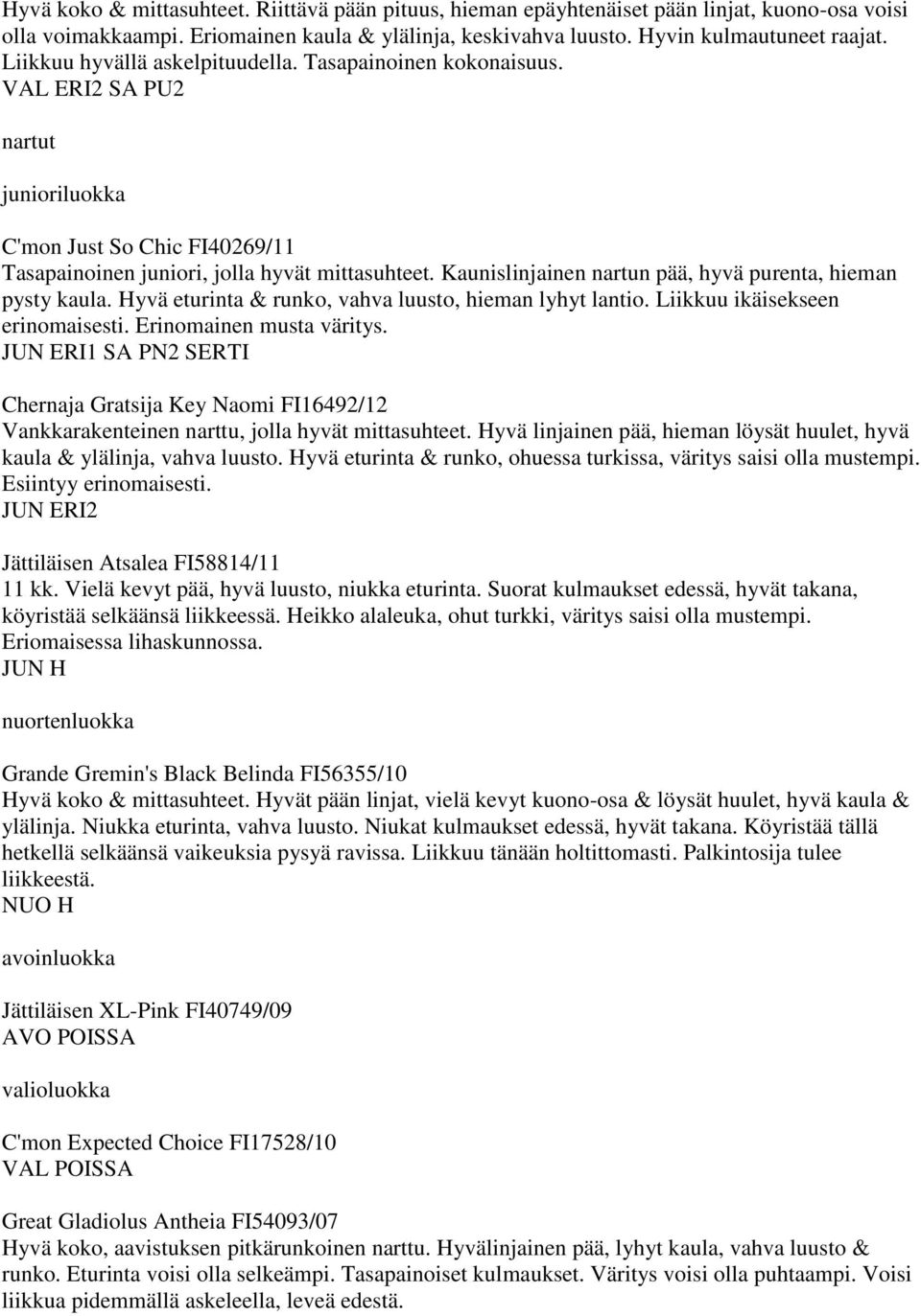 Kaunislinjainen nartun pää, hyvä purenta, hieman pysty kaula. Hyvä eturinta & runko, vahva luusto, hieman lyhyt lantio. Liikkuu ikäisekseen erinomaisesti. Erinomainen musta väritys.