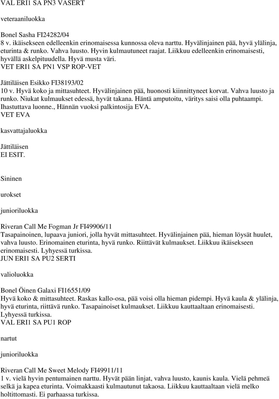 Hyvälinjainen pää, huonosti kiinnittyneet korvat. Vahva luusto ja runko. Niukat kulmaukset edessä, hyvät takana. Häntä amputoitu, väritys saisi olla puhtaampi. Ihastuttava luonne.