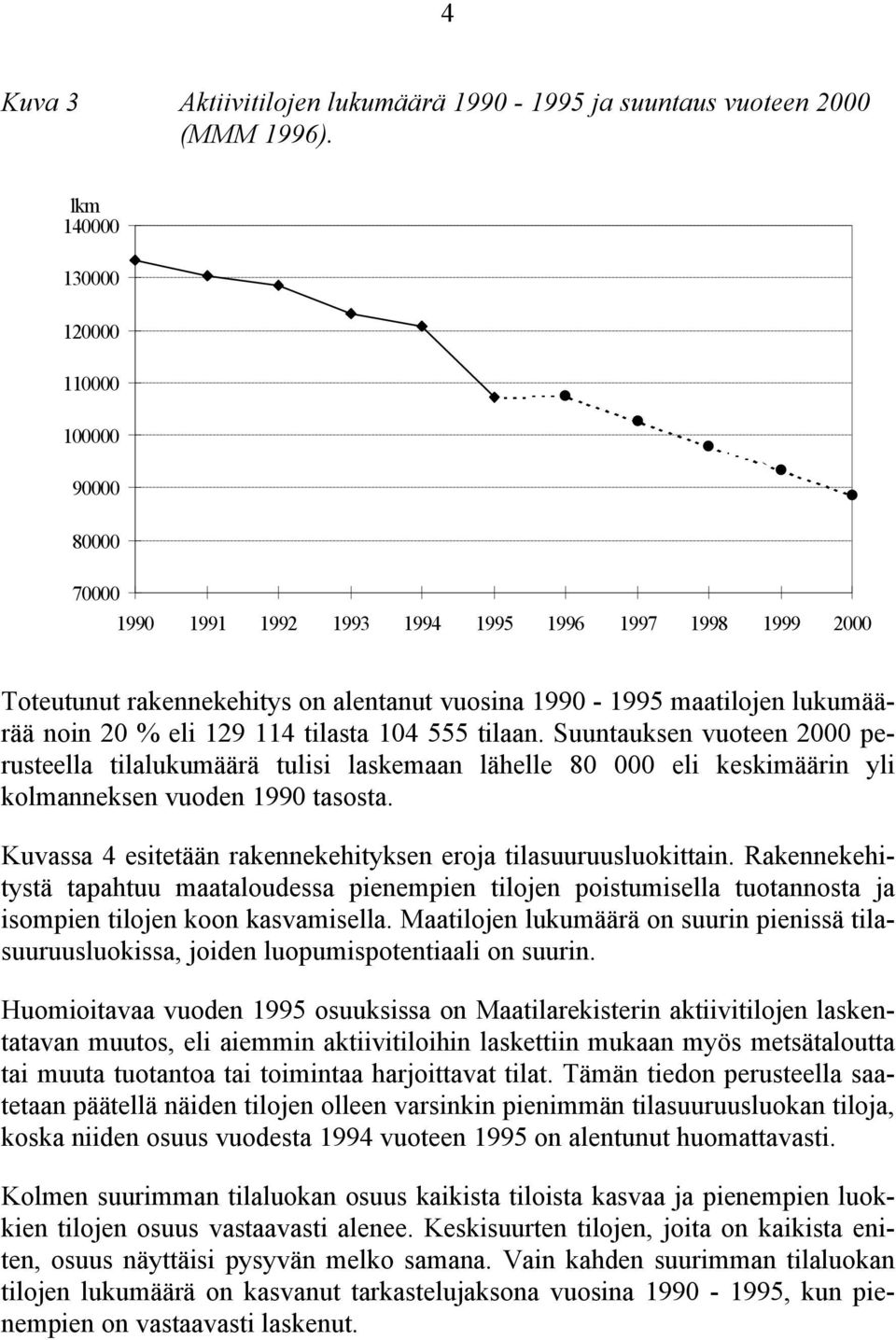 % eli 129 114 tilasta 104 555 tilaan. Suuntauksen vuoteen 2000 perusteella tilalukumäärä tulisi laskemaan lähelle 80 000 eli keskimäärin yli kolmanneksen vuoden 1990 tasosta.