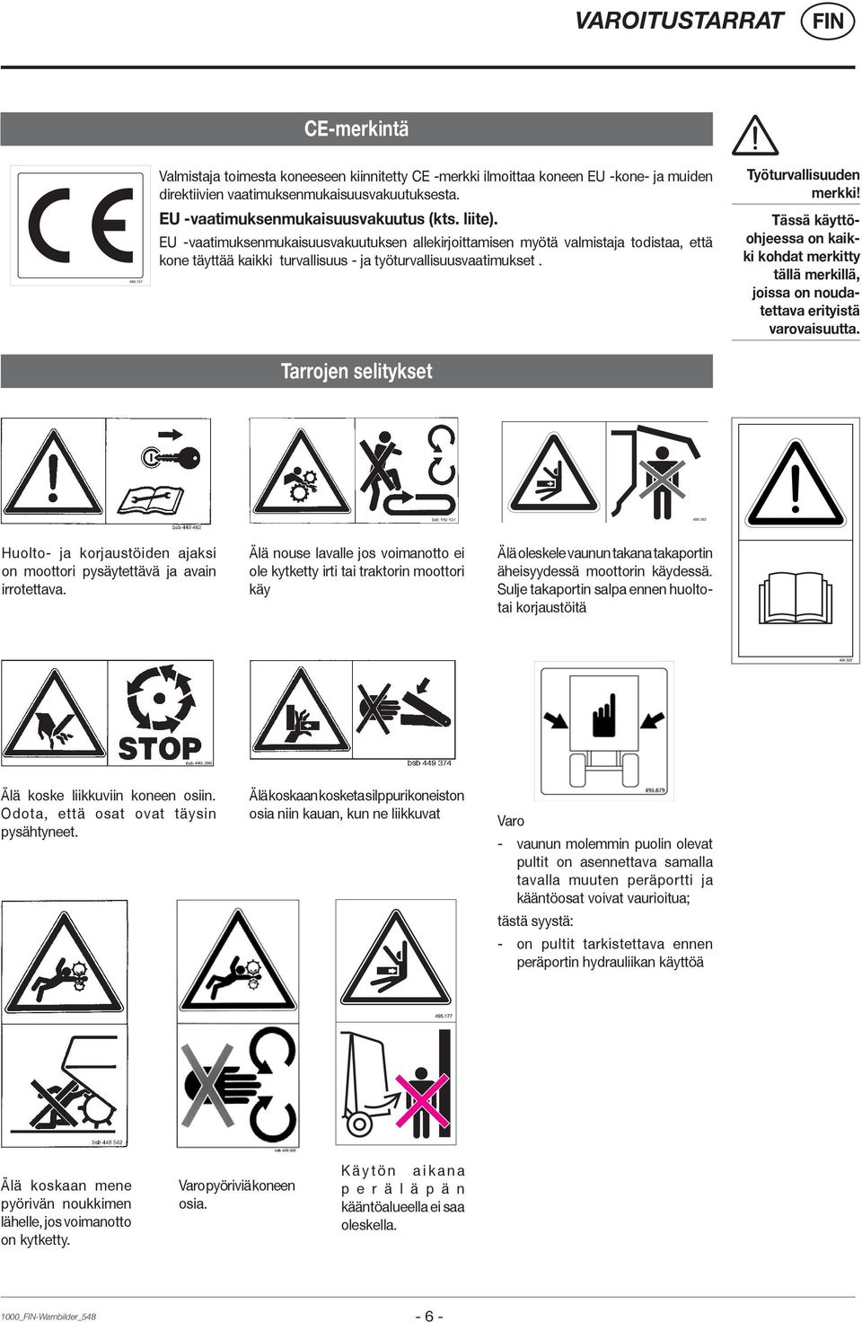 Työturvallisuuden merkki! Tässä käyttöohjeessa on kaikki kohdat merkitty tällä merkillä, joissa on noudatettava erityistä varovaisuutta. Tarrojen selitykset 495.