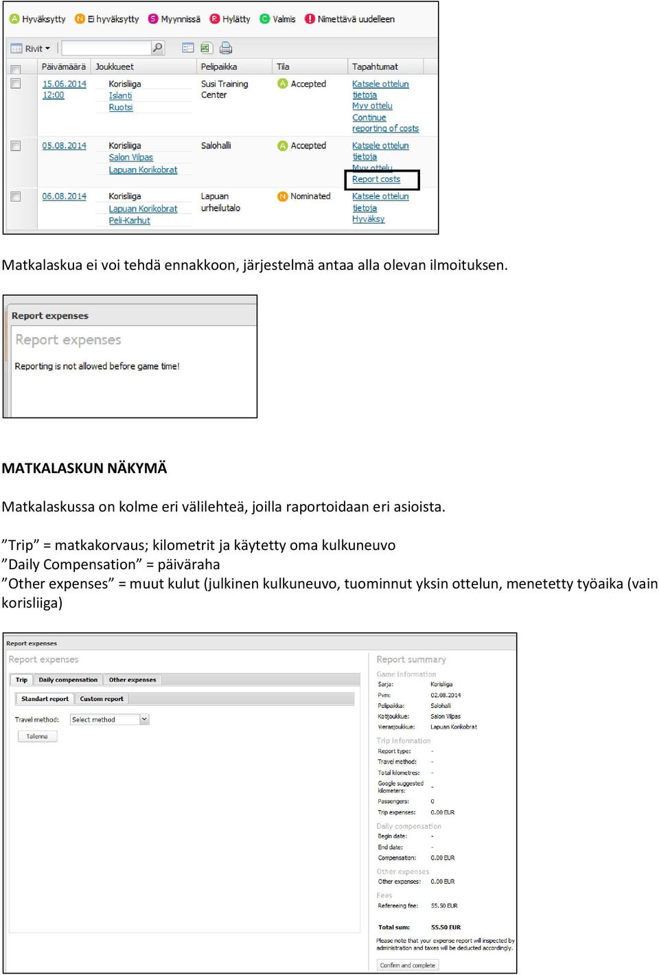 Trip = matkakorvaus; kilometrit ja käytetty oma kulkuneuvo Daily Compensation = päiväraha