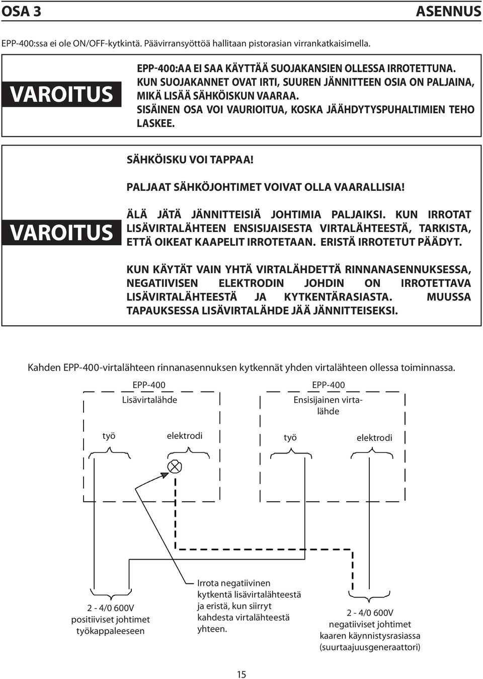 Paljaat sähköjohtimet voivat olla vaarallisia! VAROITUS Älä jätä jännitteisiä johtimia paljaiksi. Kun irrotat lisävirtalähteen ensisijaisesta virtalähteestä, tarkista, että oikeat kaapelit irrotetaan.