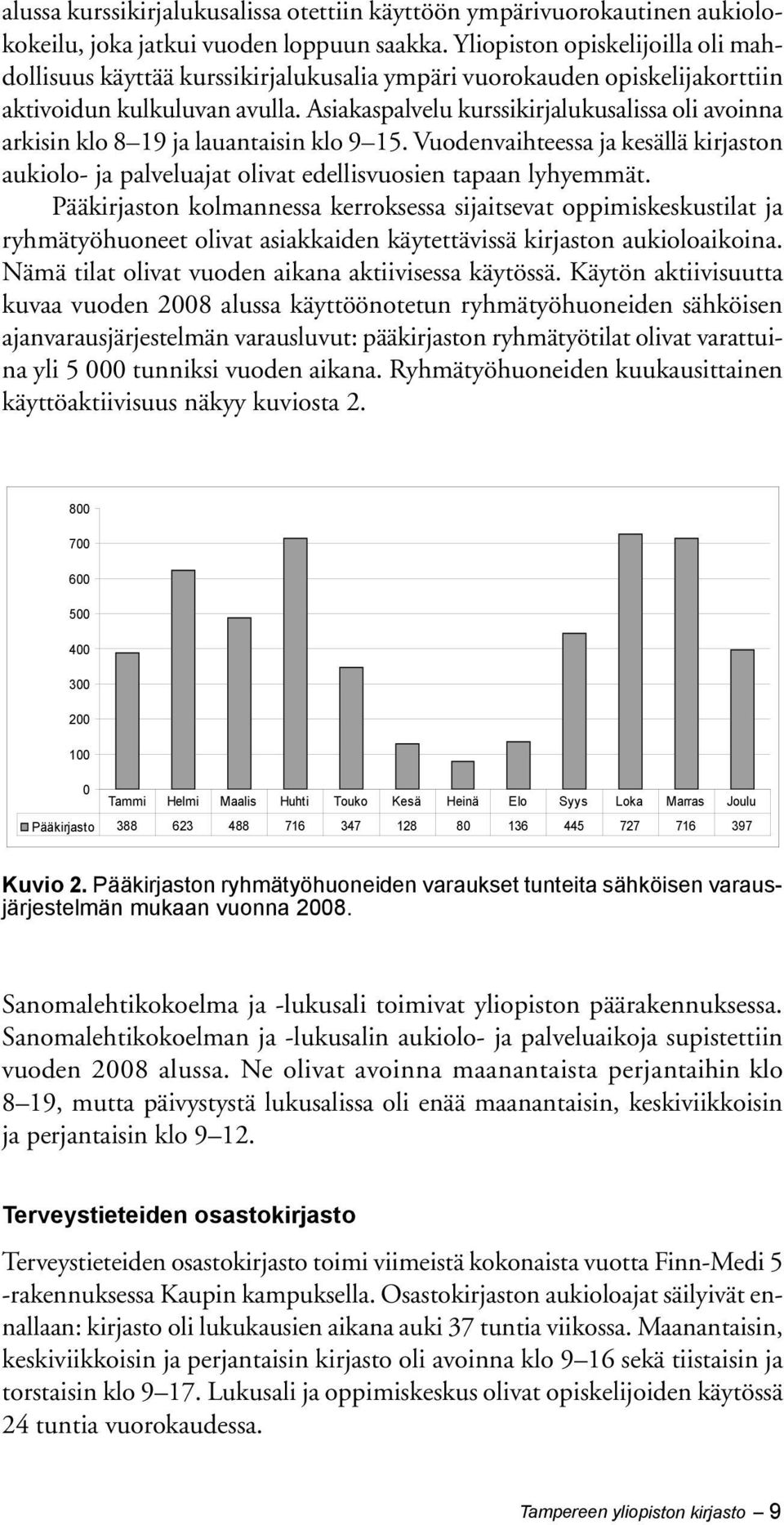 Asiakaspalvelu kurssikirjalukusalissa oli avoinna arkisin klo 8 19 ja lauantaisin klo 9 15. Vuodenvaihteessa ja kesällä kirjaston aukiolo- ja palveluajat olivat edellisvuosien tapaan lyhyemmät.