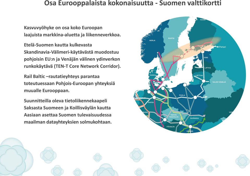 Core Network Corridor). Rail Baltic rautatieyhteys parantaa toteutuessaan Pohjois-Euroopan yhteyksiä muualle Eurooppaan.