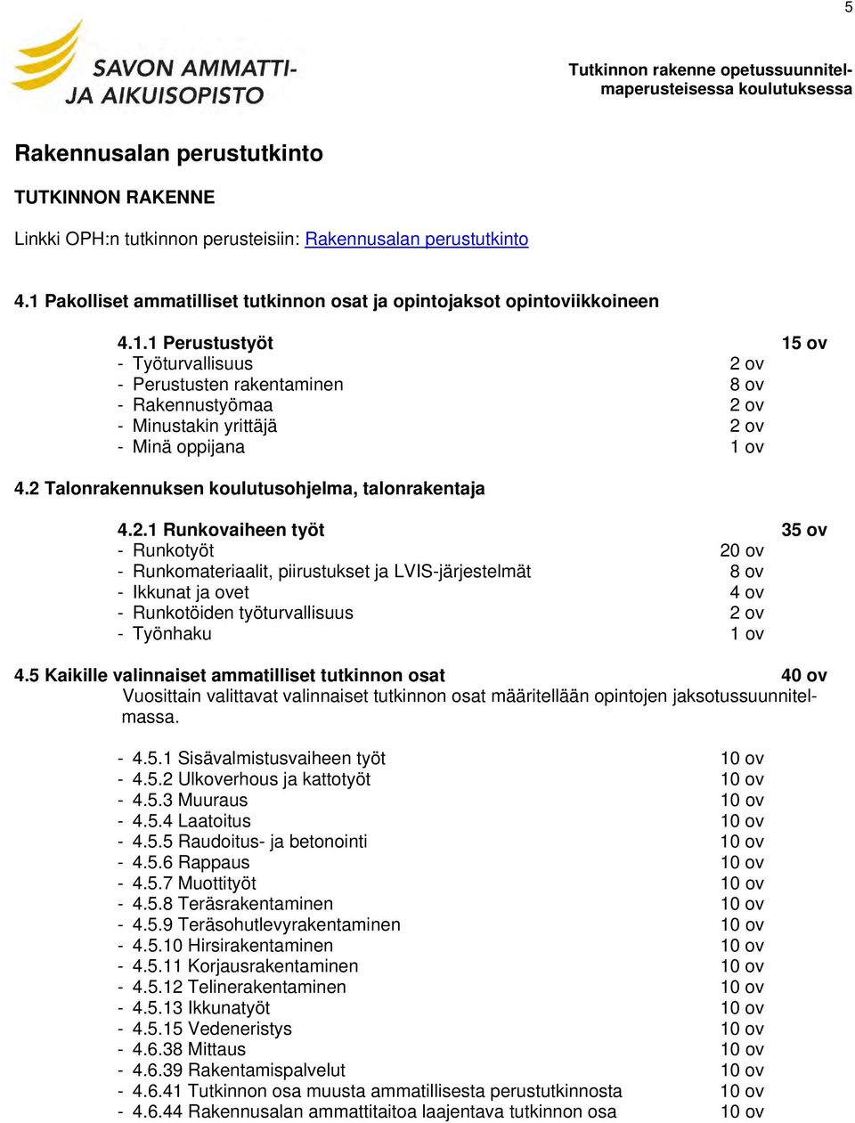 2 Talonrakennuksen koulutusohjelma, talonrakentaja 4.2.1 Runkovaiheen työt 35 ov Runkotyöt 20 ov Runkomateriaalit, piirustukset ja LVISjärjestelmät 8 ov Ikkunat ja ovet 4 ov Runkotöiden työturvallisuus 2 ov Työnhaku 1 ov 4.