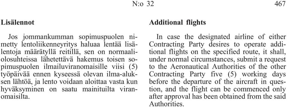 Additional flights In case the designated airline of either Contracting Party desires to operate additional flights on the specified route, it shall, under normal circumstances, submit a request to