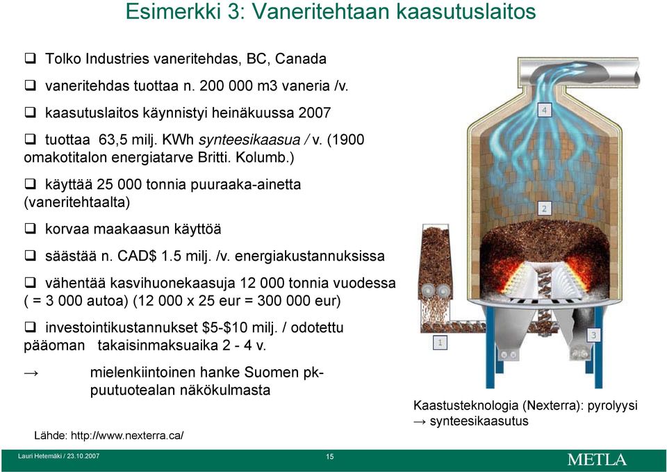 ) käyttää 25 000 tonnia puuraaka-ainetta (vaneritehtaalta) korvaa maakaasun käyttöä säästää n. CAD$ 1.5 milj. /v.