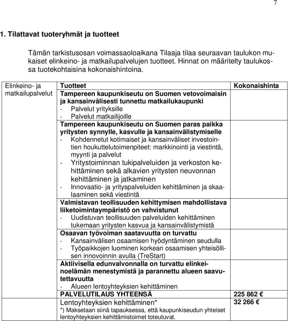 Elinkeino- ja matkailupalvelut Tuotteet Kokonaishinta Tampereen kaupunkiseutu on Suomen vetovoimaisin ja kansainvälisesti tunnettu matkailukaupunki - Palvelut yrityksille - Palvelut matkailijoille