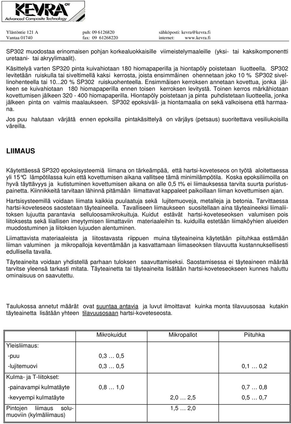 SP302 levitetään ruiskulla tai siveltimellä kaksi kerrosta, joista ensimmäinen ohennetaan joko 10 % SP302 sivellinohenteella tai 10...20 % SP302 ruiskuohenteella.