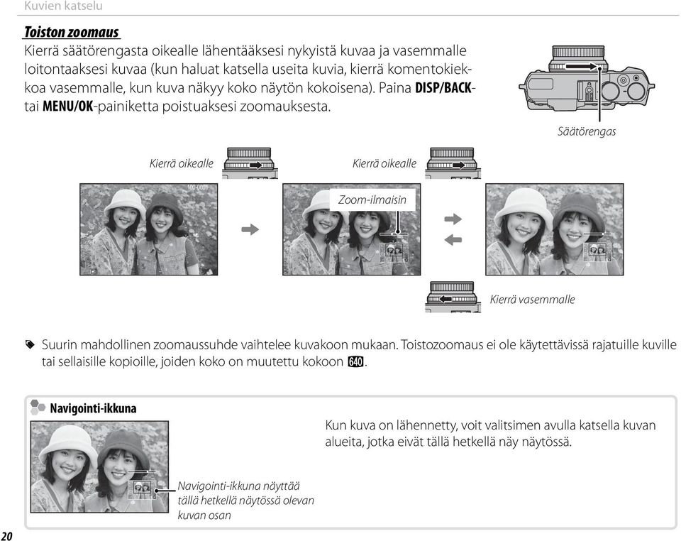 Säätörengas Kierrä oikealle Kierrä oikealle 100-0001 Zoom-ilmaisin Kierrä vasemmalle R Suurin mahdollinen zoomaussuhde vaihtelee kuvakoon mukaan.