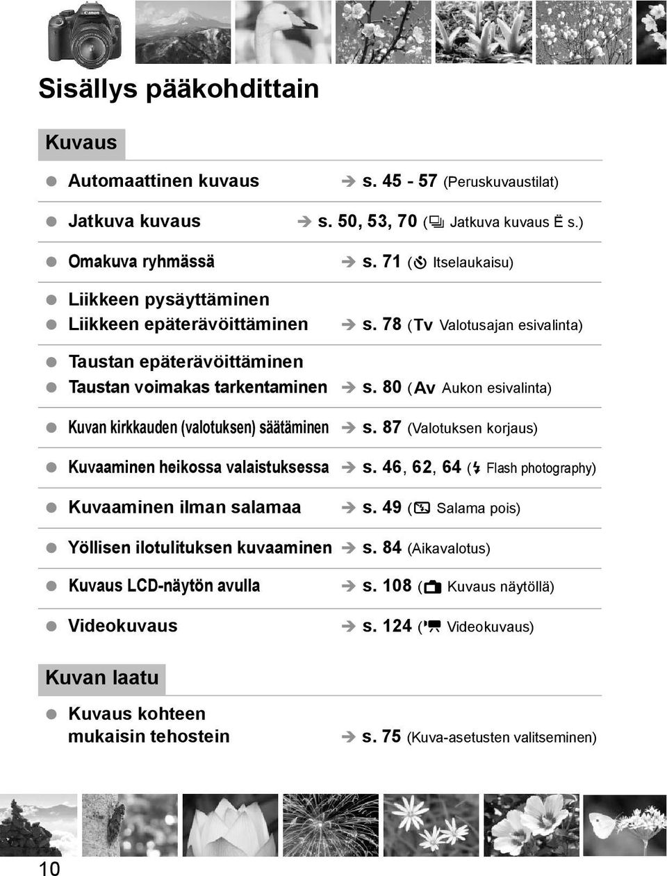 80 (f Auon esivalinta) Kuvan irauden (valotusen) säätäminen Kuvaaminen heiossa valaistusessa Kuvaaminen ilman salamaa s. 87 (Valotusen orjaus) s.