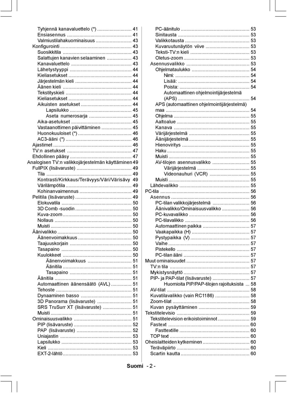 .. 45 Vastaanottimen päivittäminen... 45 Huonokuuloiset (*)... 46 AC3-ääni (*)... 46 Ajastimet... 46 TV:n asetukset... 47 Ehdollinen pääsy.