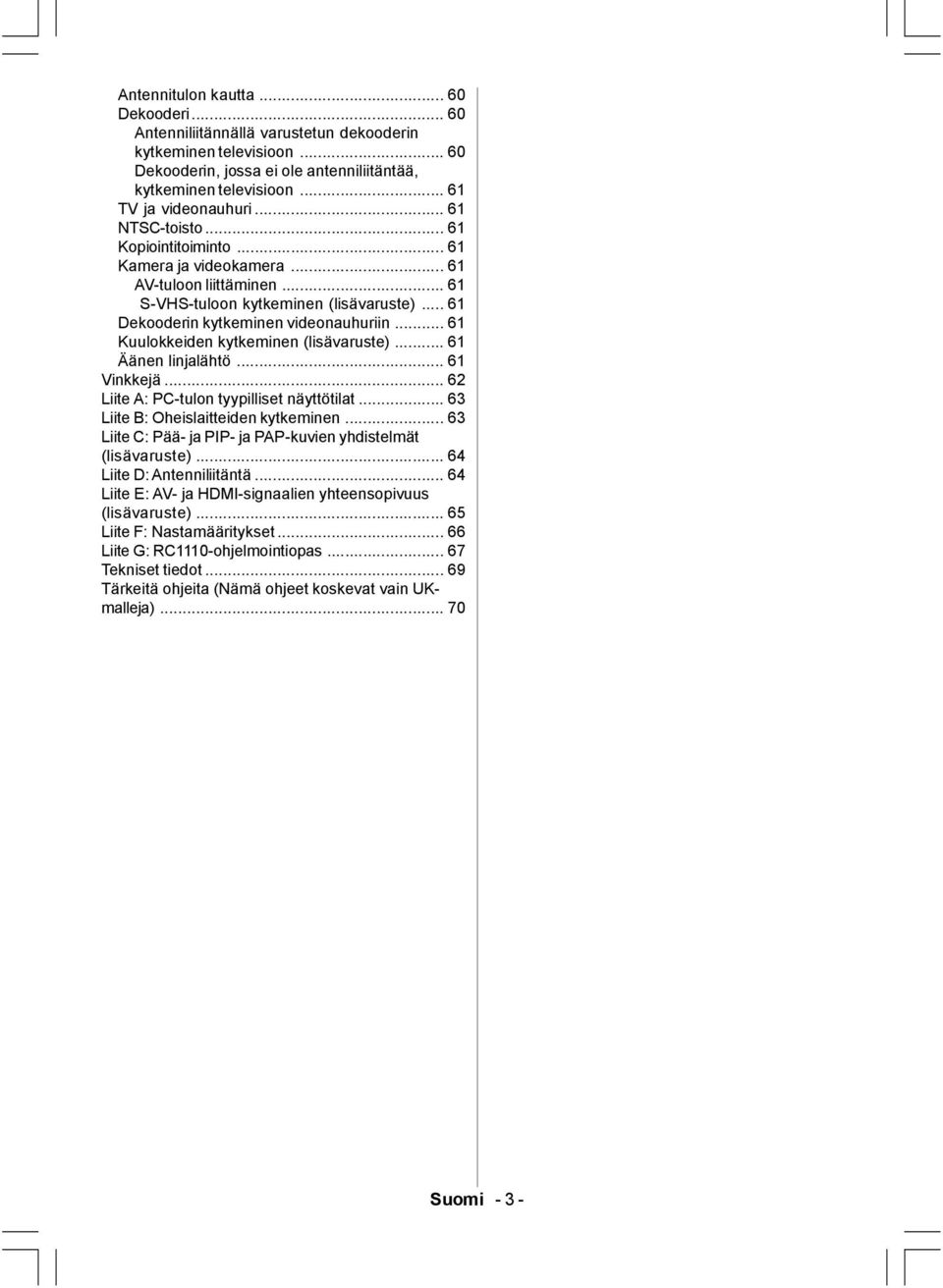 .. 61 Dekooderin kytkeminen videonauhuriin... 61 Kuulokkeiden kytkeminen (lisävaruste)... 61 Äänen linjalähtö... 61 Vinkkejä... 62 Liite A: PC-tulon tyypilliset näyttötilat.