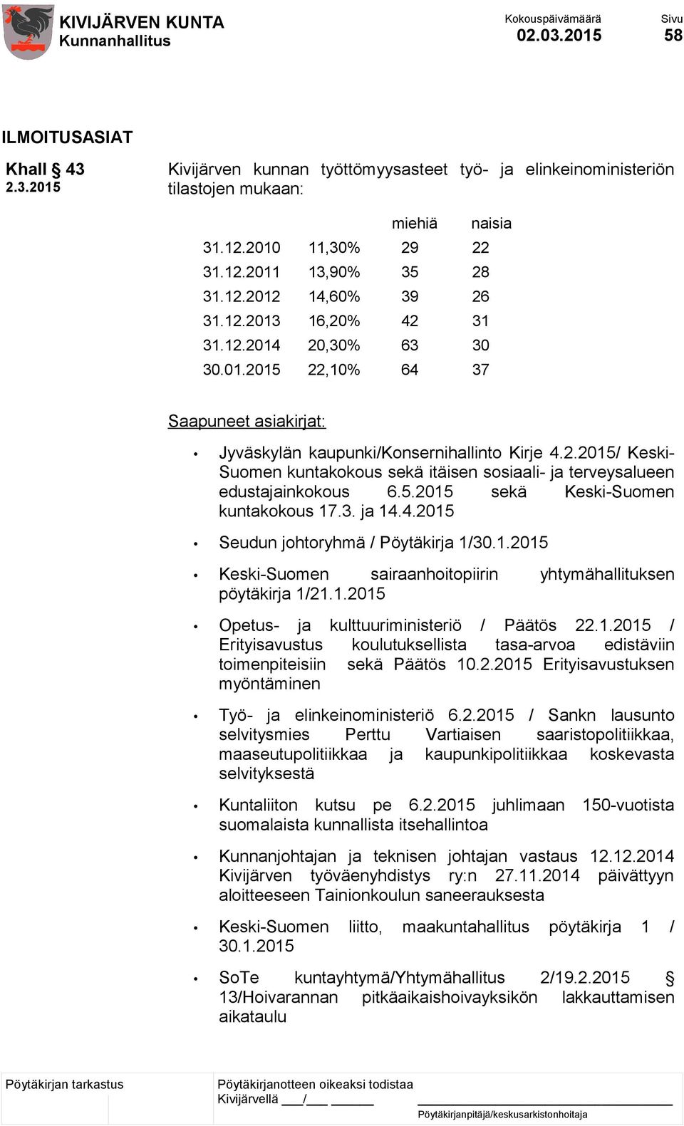 5.2015 sekä Keski-Suomen kuntakokous 17.3. ja 14.4.2015 Seudun johtoryhmä / Pöytäkirja 1/30.1.2015 Keski-Suomen sairaanhoitopiirin yhtymähallituksen pöytäkirja 1/21.1.2015 Opetus- ja kulttuuriministeriö / Päätös 22.