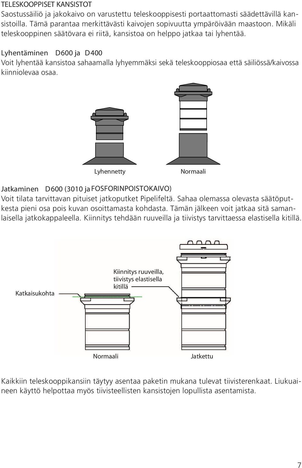 Lyhentäminen D600 ja D400 Voit lyhentää kansistoa sahaamalla lyhyemmäksi sekä teleskooppiosaa että säiliössä/kaivossa kiinniolevaa osaa.