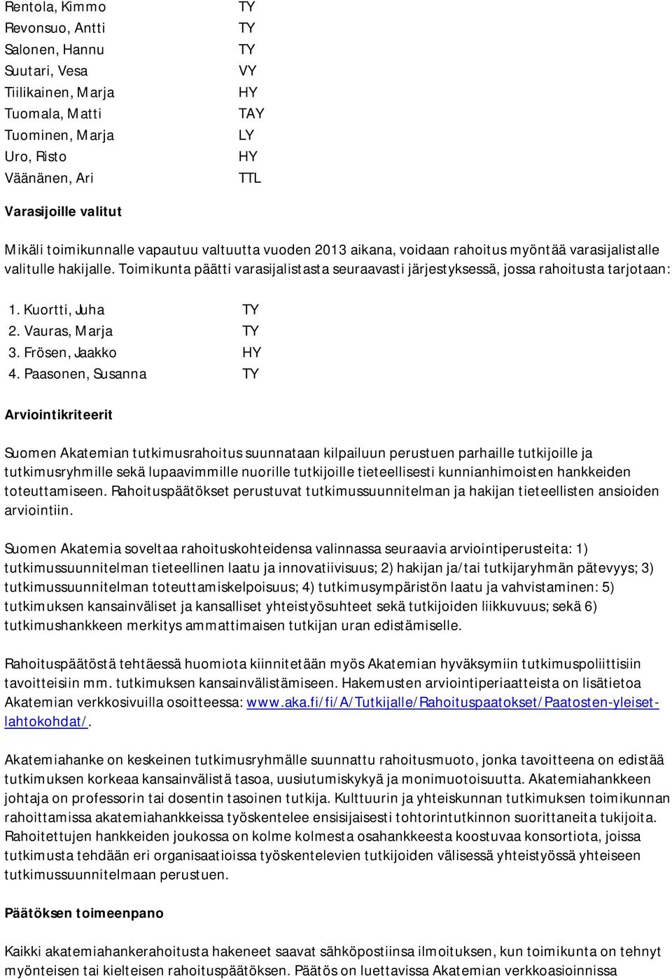 Kuortti, Juha TY 2. Vauras, Marja TY 3. Frösen, Jaakko 4.