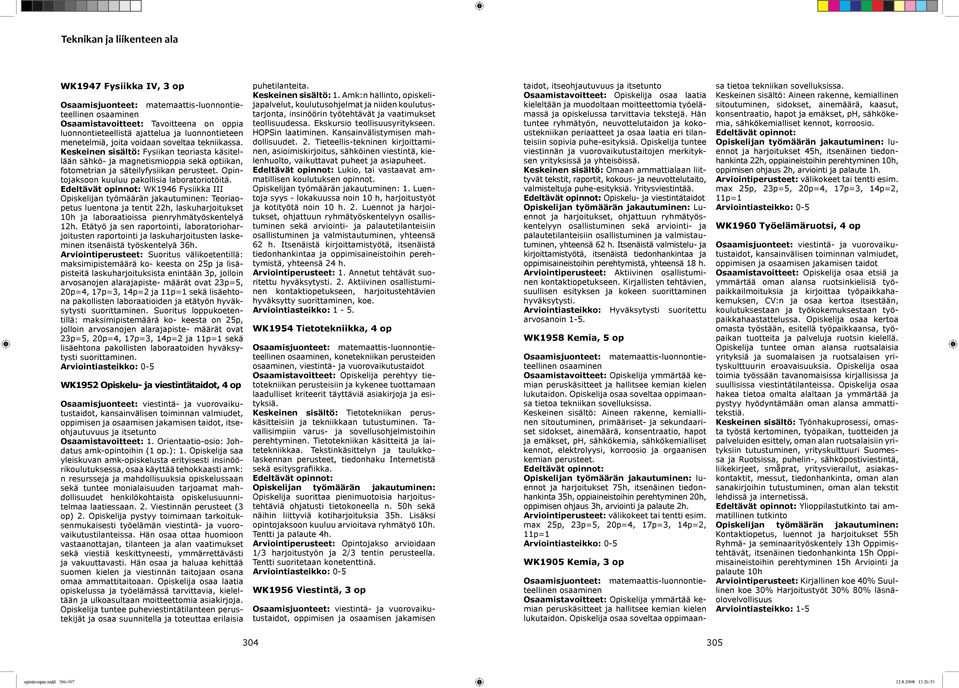 WK1946 Fysiikka III Teoriaopetus luentona ja tentit 22h, laskuharjoitukset 10h ja laboraatioissa pienryhmätyöskentelyä 12h.