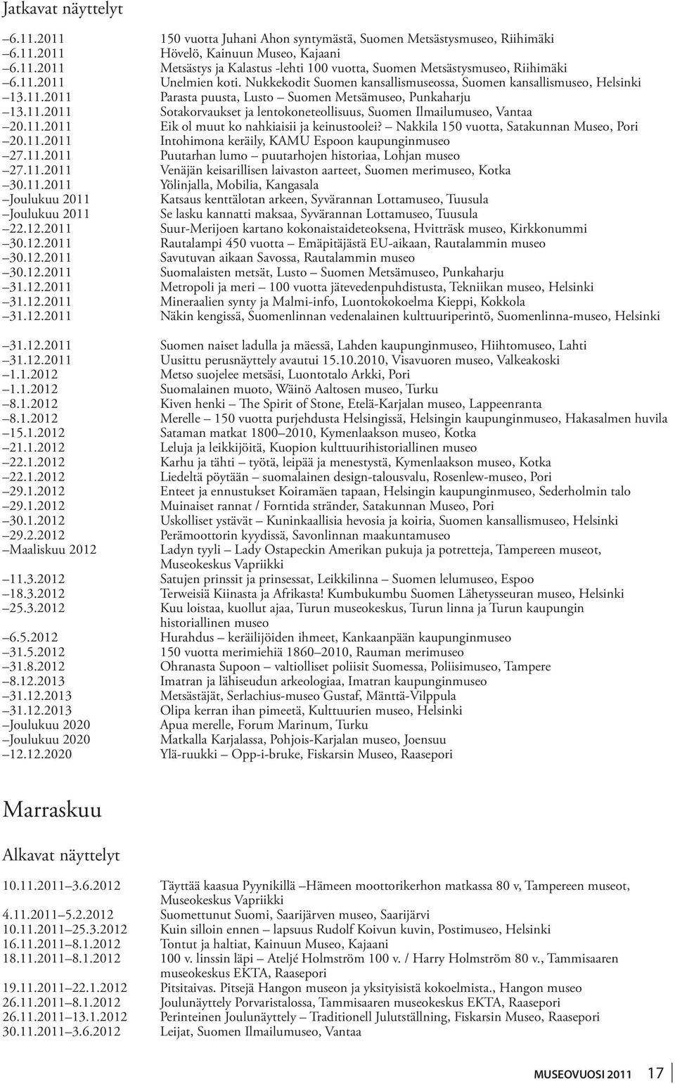 20.11.2011 Eik ol muut ko nahkiaisii ja keinustoolei? Nakkila 150 vuotta, Satakunnan Museo, Pori. 20.11.2011 Intohimona keräily, KAMU Espoon kaupunginmuseo. 27.11.2011 Puutarhan lumo puutarhojen historiaa, Lohjan museo.