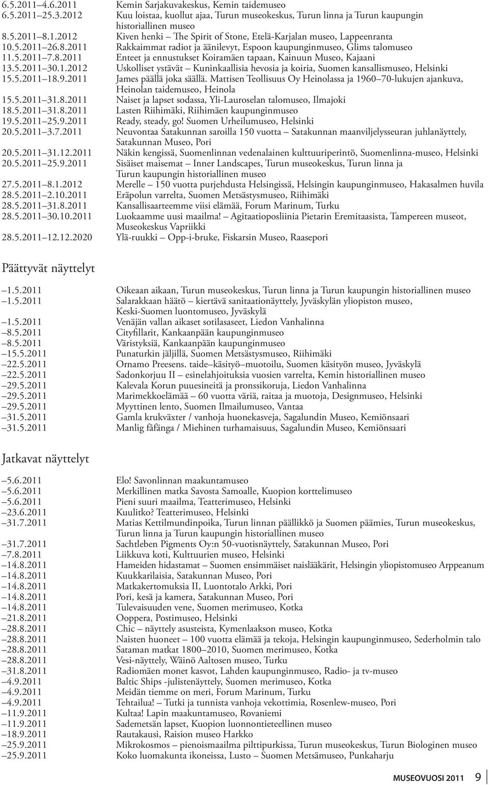 15.5.2011 18.9.2011 James päällä joka säällä. Mattisen Teollisuus Oy Heinolassa ja 1960 70-lukujen ajankuva,. Heinolan taidemuseo, Heinola. 15.5.2011 31.8.2011 Naiset ja lapset sodassa, Yli-Lauroselan talomuseo, Ilmajoki.