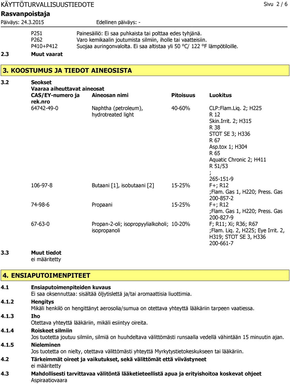 nro 64742-49-0 Naphtha (petroleum), hydrotreated light 40-60% CLP:Flam.Liq. 2; H225 R 12 Skin.Irrit. 2; H315 R 38 STOT SE 3; H336 R 67 Asp.