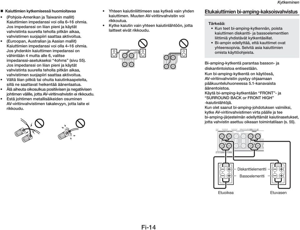 (Euroopan, Australian ja Aasian mallit) Kaiuttimien impedanssi voi olla 4 16 ohmia. Jos yhdenkin kaiuttimen impedanssi on vähintään 4 mutta alle 6, valitse impedanssi-asetukseksi 4ohms (sivu 55).