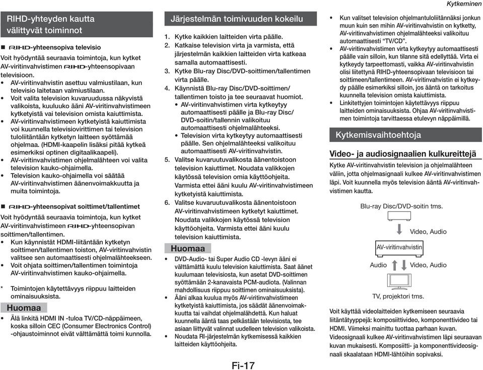 Voit valita television kuvaruudussa näkyvistä valikoista, kuuluuko ääni AV-viritinvahvistimeen kytketyistä vai television omista kaiuttimista.