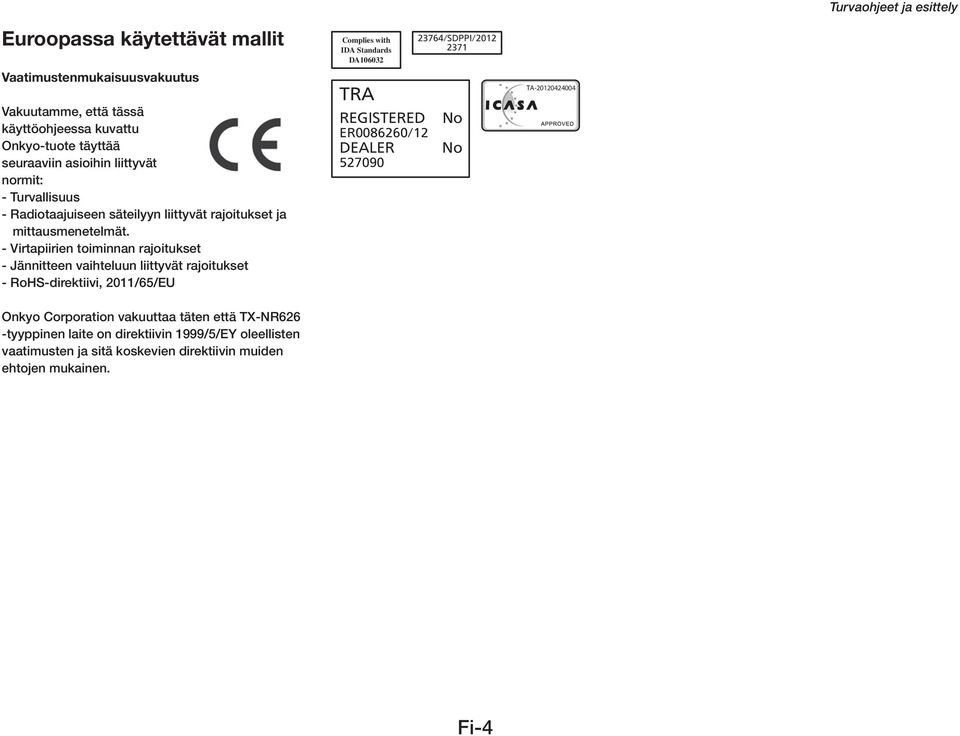 - Virtapiirien toiminnan rajoitukset - Jännitteen vaihteluun liittyvät rajoitukset - RoHS-direktiivi, 2011/65/EU Onkyo Corporation vakuuttaa täten että TX-NR626