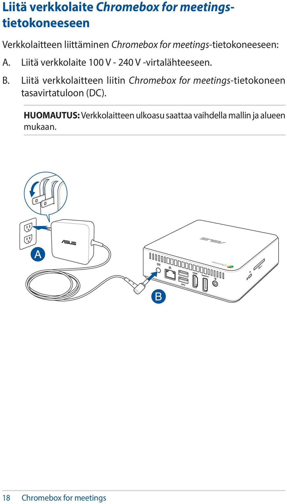 B. Liitä verkkolaitteen liitin Chromebox for meetings-tietokoneen tasavirtatuloon (DC).