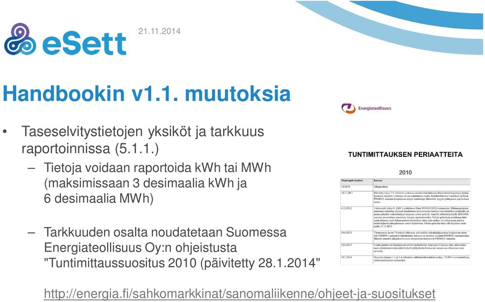 raportoida kwh tai MWh (maksimissaan 3 desimaalia kwh ja 6 desimaalia MWh) Tarkkuuden osalta