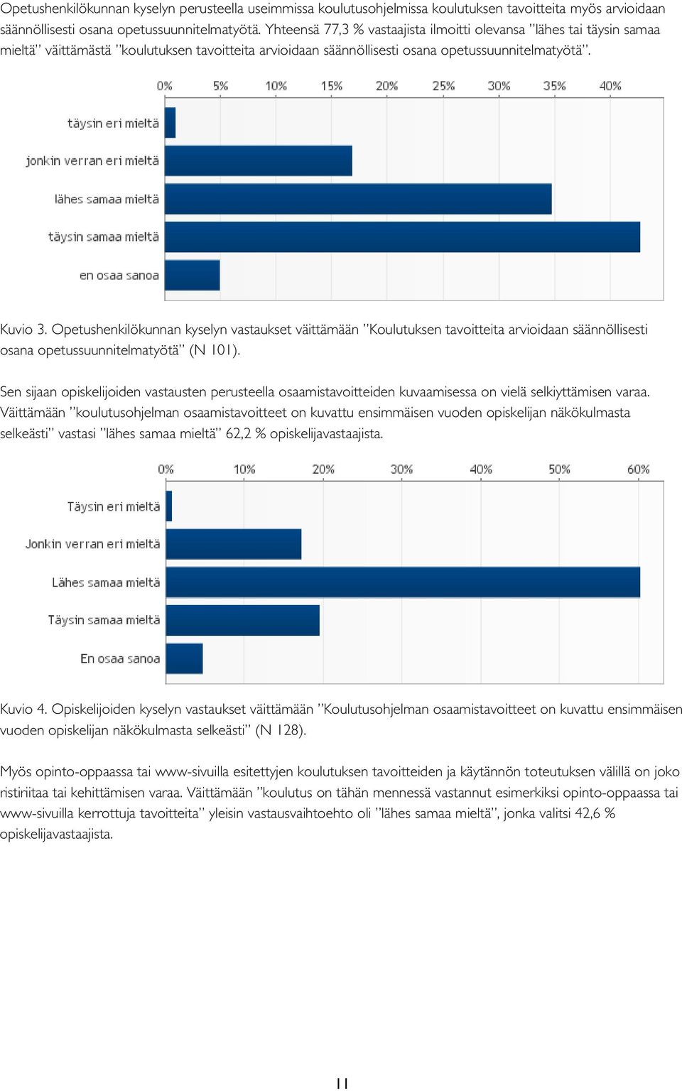 Opetushenkilökunnan kyselyn vastaukset väittämään Koulutuksen tavoitteita arvioidaan säännöllisesti osana opetussuunnitelmatyötä (N 101).