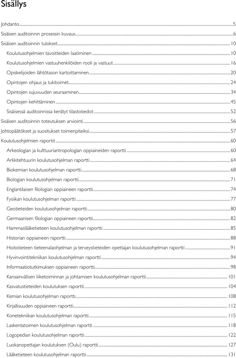 .. 45 Sisäisessä auditoinnissa kerätyt tilastotiedot... 52 Sisäisen auditoinnin toteutuksen arviointi... 56 Johtopäätökset ja suositukset toimenpiteiksi... 57 Koulutusohjelmien raportit.