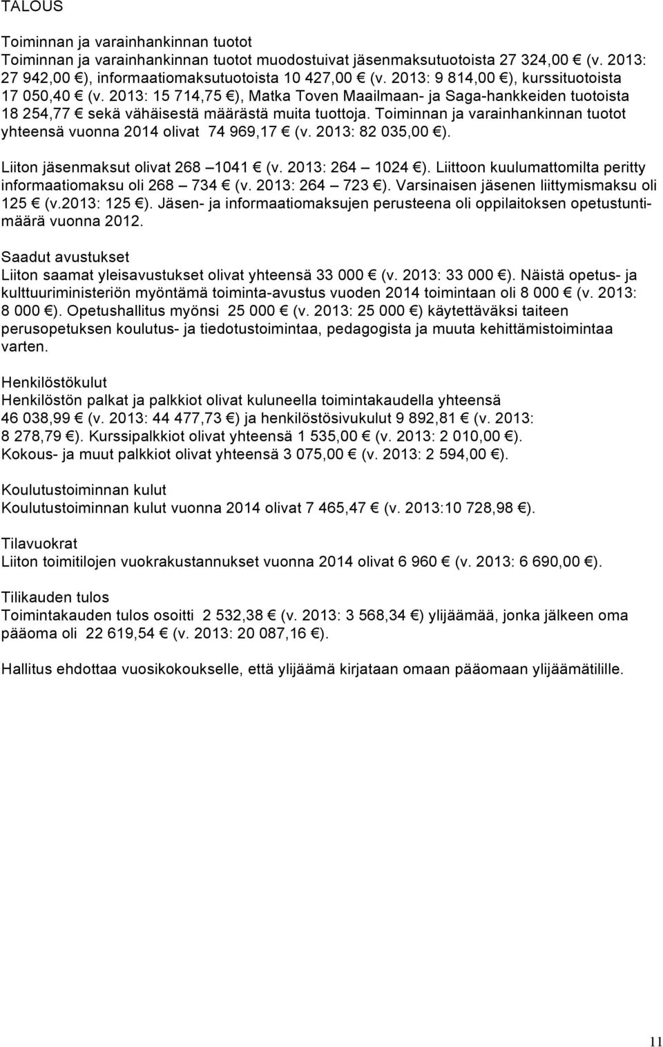 Toiminnan ja varainhankinnan tuotot yhteensä vuonna 2014 olivat 74 969,17 (v. 2013: 82 035,00 ). Liiton jäsenmaksut olivat 268 1041 (v. 2013: 264 1024 ).