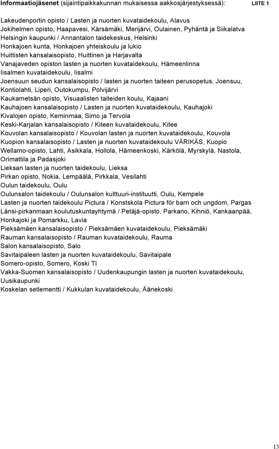 opiston lasten ja nuorten kuvataidekoulu, Hämeenlinna Iisalmen kuvataidekoulu, Iisalmi Joensuun seudun kansalaisopisto / lasten ja nuorten taiteen perusopetus, Joensuu, Kontiolahti, Liperi,