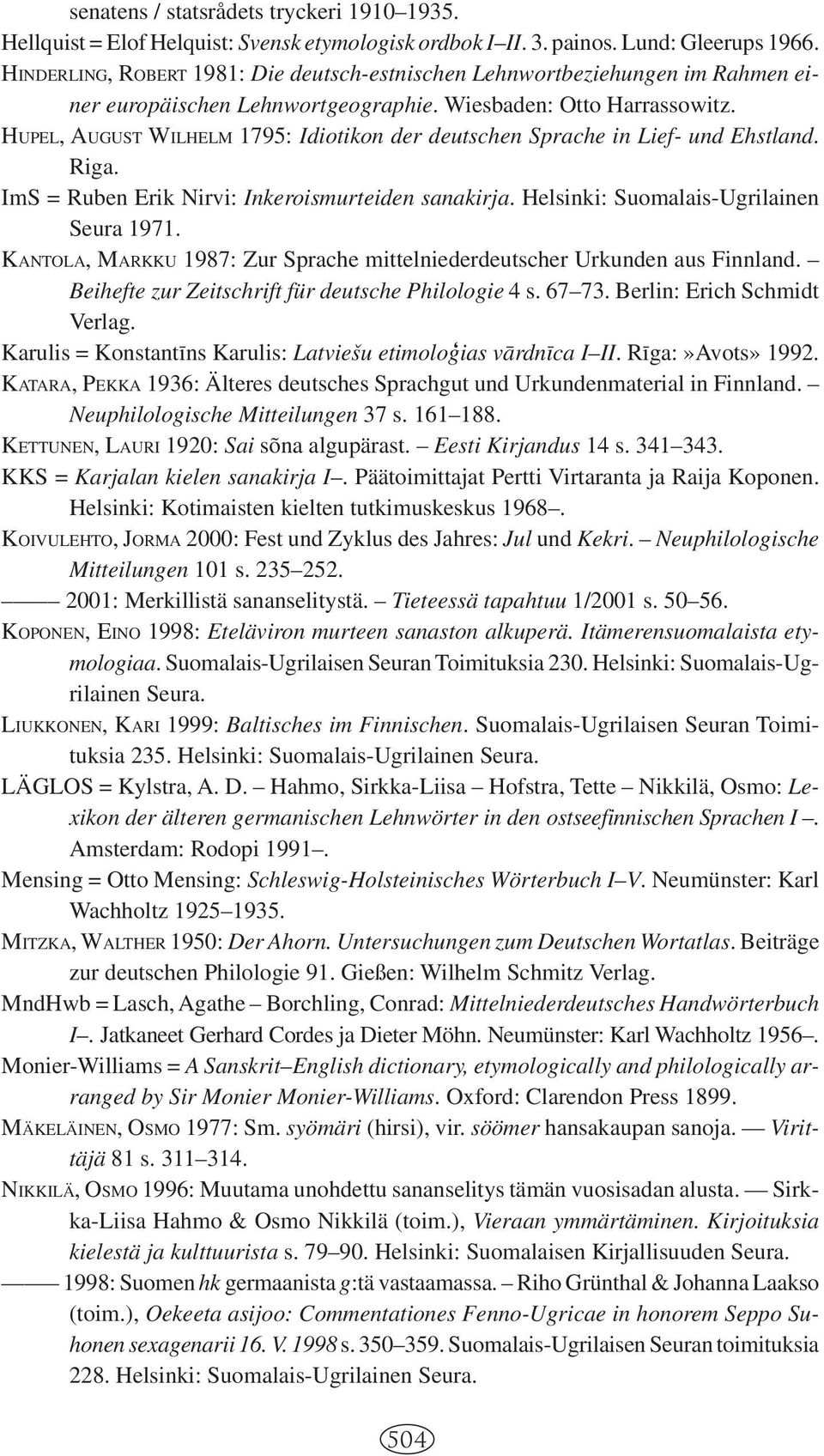 HUPEL, AUGUST WILHELM 1795: Idiotikon der deutschen Sprache in Lief- und Ehstland. Riga. ImS = Ruben Erik Nirvi: Inkeroismurteiden sanakirja. Helsinki: Suomalais-Ugrilainen Seura 1971.