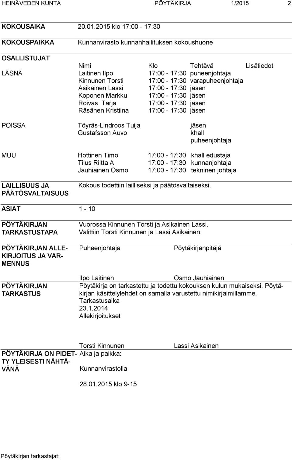 2015 klo 17:00-17:30 KOKOUSPAIKKA Kunnanvirasto kunnanhallituksen kokoushuone OSALLISTUJAT Nimi Klo Tehtävä Lisätiedot LÄSNÄ Laitinen Ilpo 17:00-17:30 puheenjohtaja Kinnunen Torsti 17:00-17:30