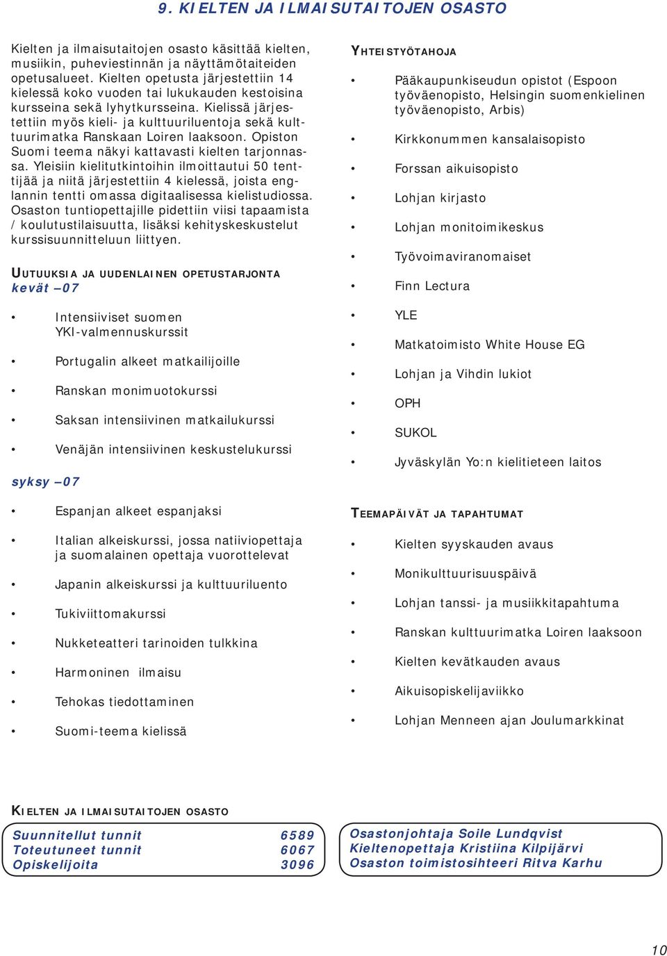 Kielissä järjestettiin myös kieli- ja kulttuuriluentoja sekä kulttuurimatka Ranskaan Loiren laaksoon. Opiston Suomi teema näkyi kattavasti kielten tarjonnassa.