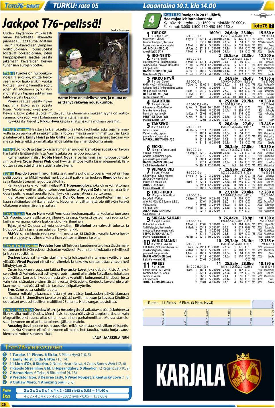 Toto76-vihjesysteemit Pekka Salonen Aaron Hem on talvihevonen, ja ruuna on esittänyt väkevää nousukuntoa. T76-1 Turoke on huippukunnossa ja suosikki, mutta hevoseen ei voi laukkariskin vuoksi luottaa.