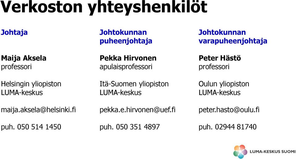 050 514 1450 Johtokunnan puheenjohtaja Pekka Hirvonen apulaisprofessori Itä-Suomen yliopiston