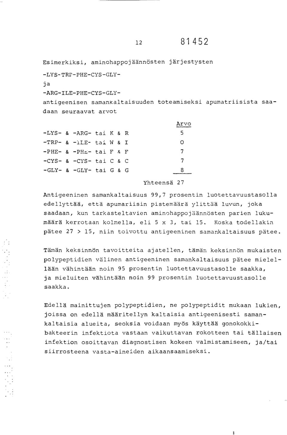 että apumariisin pistemäärä ylittää luvun, joka saadaan, kun tarkasteltavien aminohappojäännösten parien lukumäärä kerrotaan kolmella, eli 5 x 3, tai 15.