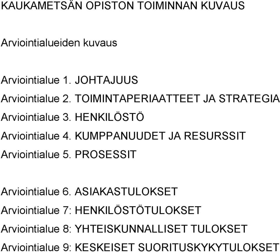 HENKILÖSTÖ Arviointialue 4. KUMPPANUUDET JA RESURSSIT Arviointialue 5. PROSESSIT Arviointialue 6.