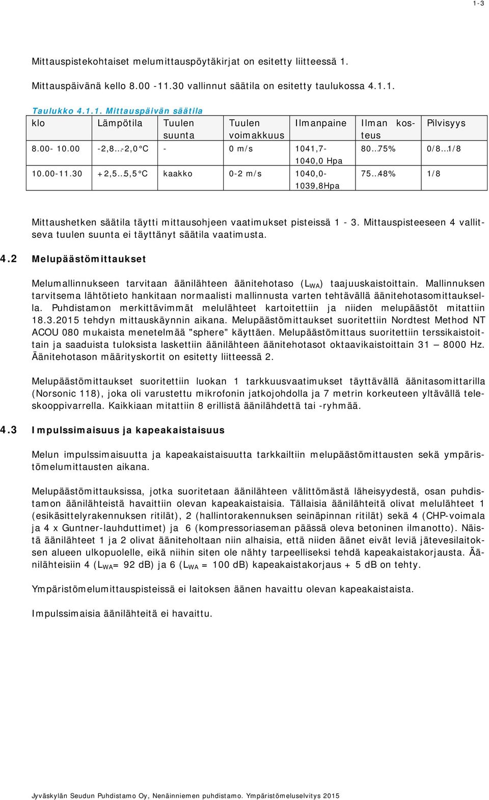 30 +2,5 5,5 C kaakko 0-2 m/s 1040,0-1039,8Hpa Ilman kosteus 80 75% 75 48% 1/8 Pilvisyys 0/8 1/8 Mittaushetken säätila täytti mittausohjeen vaatimukset pisteissä 1-3.